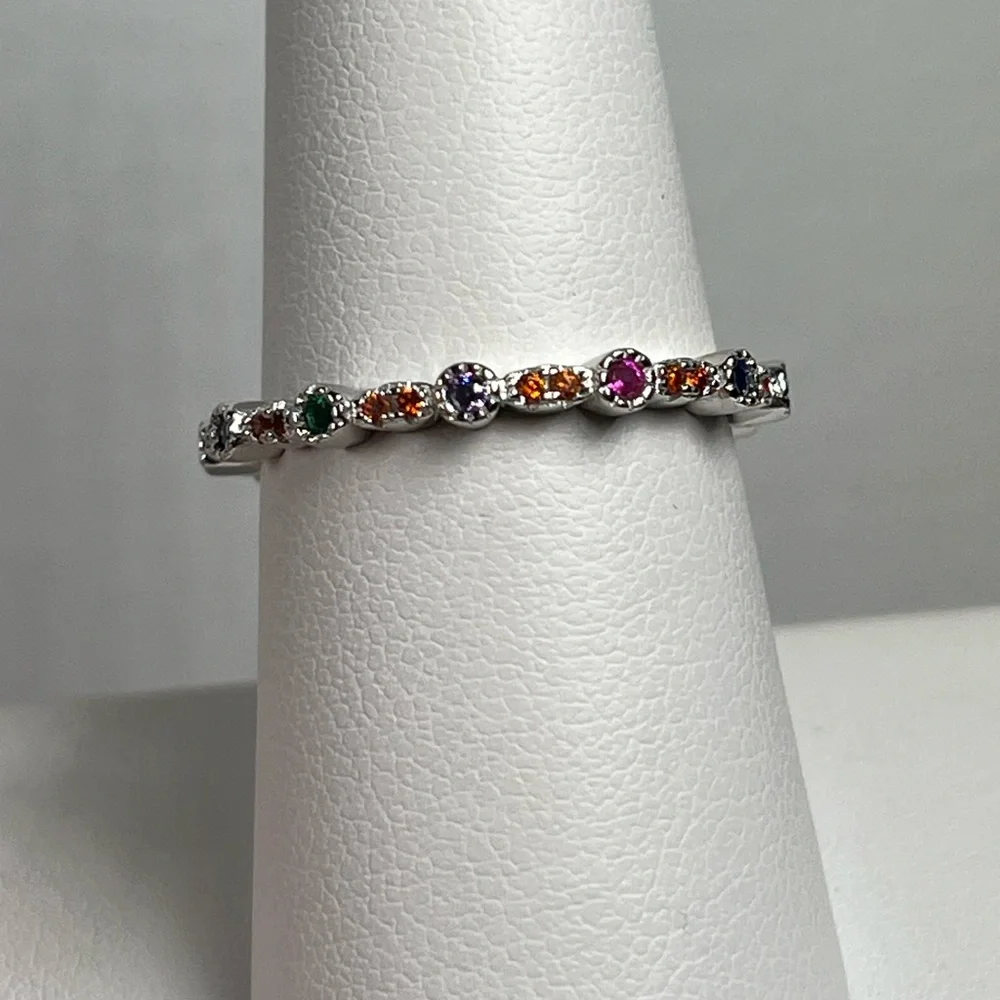 Rhodium Plated Solid Sterling Silver Multicolored CZ Stacking Ring Size 7.75